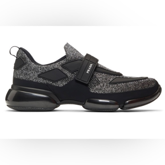 Low-top knit textile Prada sneakers marled in black and silver-tone. - Picture 2 of 4
